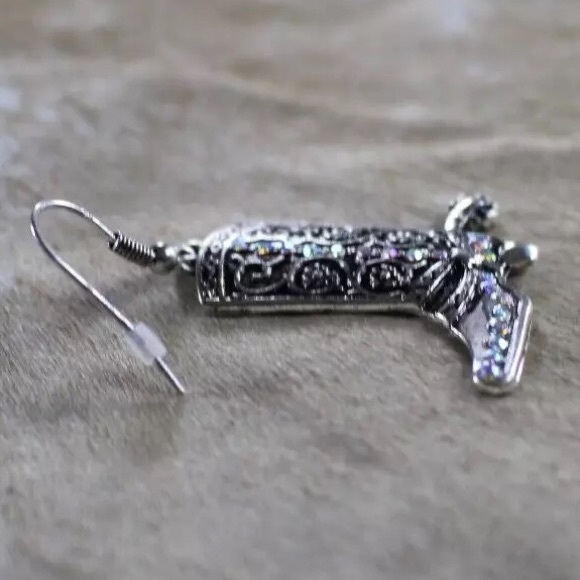 NWT Western Cowboy Boot Earrings Womens Silver Crystal Wire 1 1/4 x 1 1/8 in - Picture 11 of 14